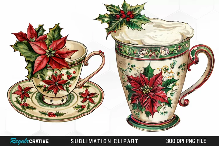 Vintage Christmas Cups Sublimation PNG Clipart