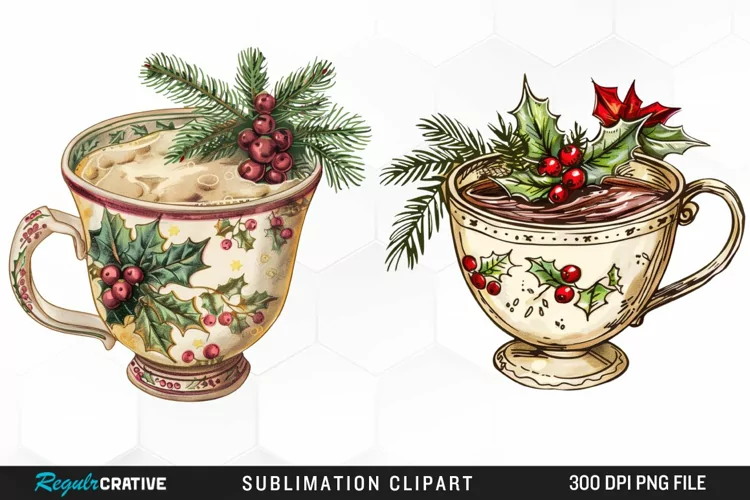Vintage Christmas Cups Illustration PNG Clipart