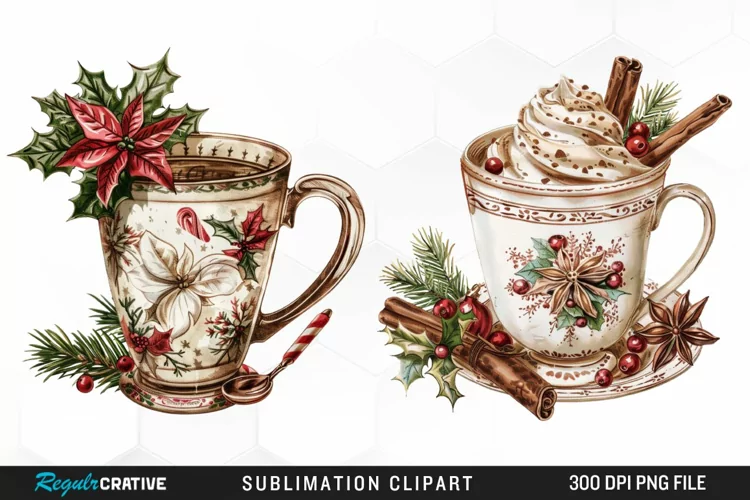 Vintage Christmas Cups Illustration PNG Clipart