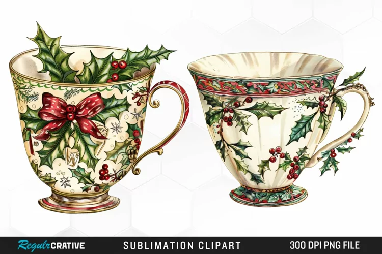 Vintage Christmas Cups Illustration PNG Clipart