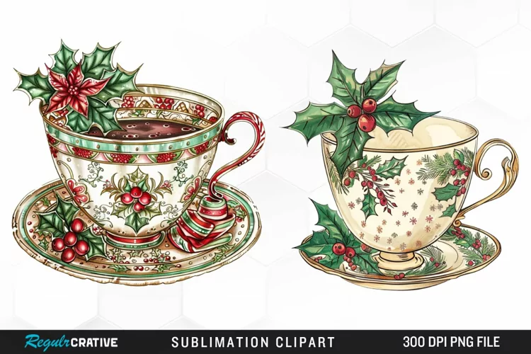 Vintage Christmas Cups Sublimation PNG Clipart