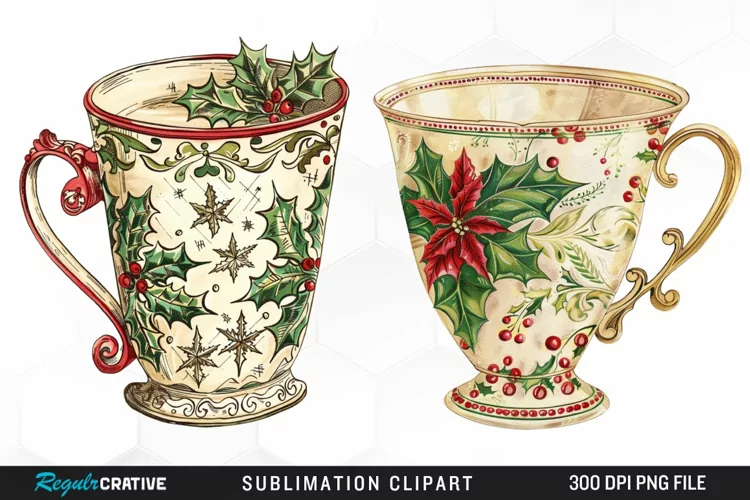 Vintage Christmas Cups Sublimation PNG Clipart