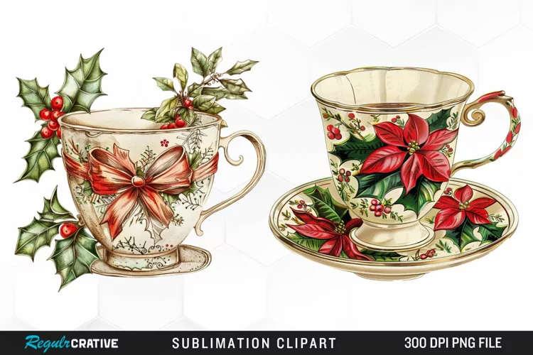 Vintage Christmas Cups Sublimation PNG Clipart