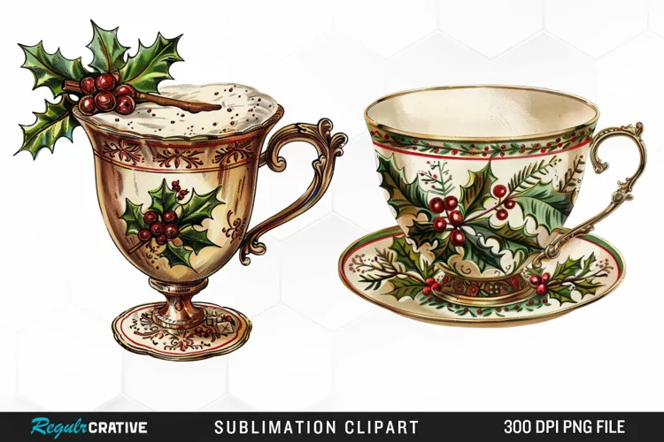 Vintage Christmas Cups Sublimation PNG Clipart