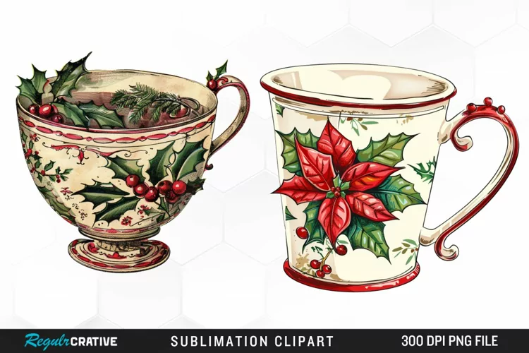 Vintage Christmas Cups Sublimation PNG Clipart