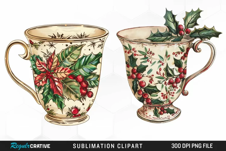 Vintage Christmas Cups Sublimation PNG Clipart