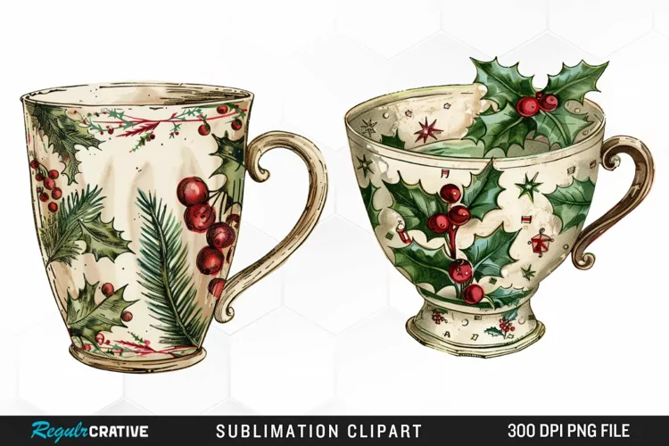 Vintage Christmas Cups Sublimation PNG Clipart