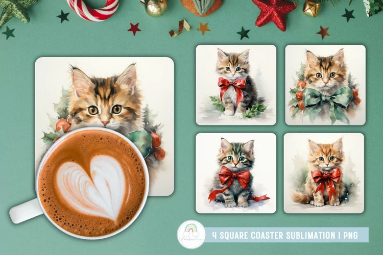 Vintage Christmas Cute Cat Coaster Sublimation