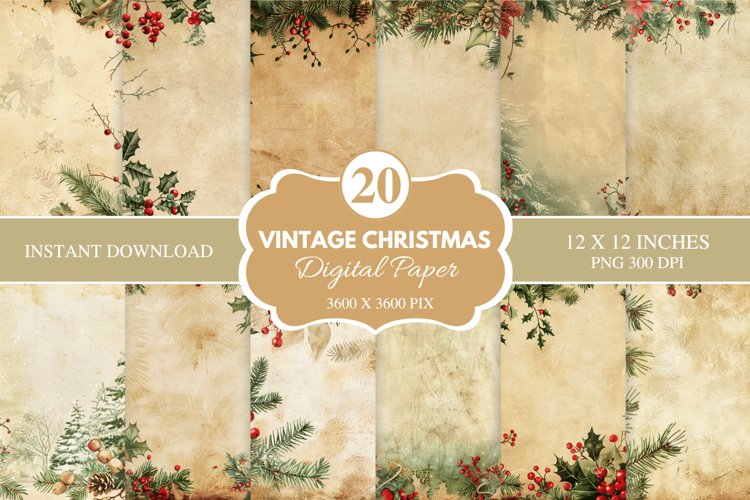 Vintage Christmas Digital Paper Bundle, Christmas Background