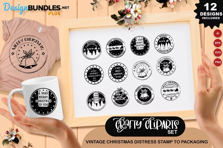 Vintage Christmas Distress Stamp To Packaging Clipart Set