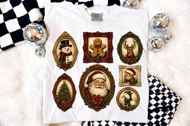 Vintage Christmas Framed Portrait Santa PNG, Retro example image 1