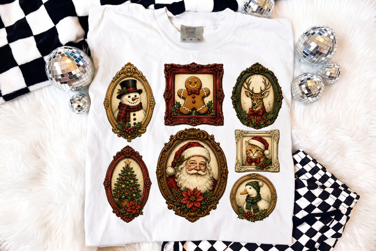 Vintage Christmas Framed Portrait Santa PNG, Retro