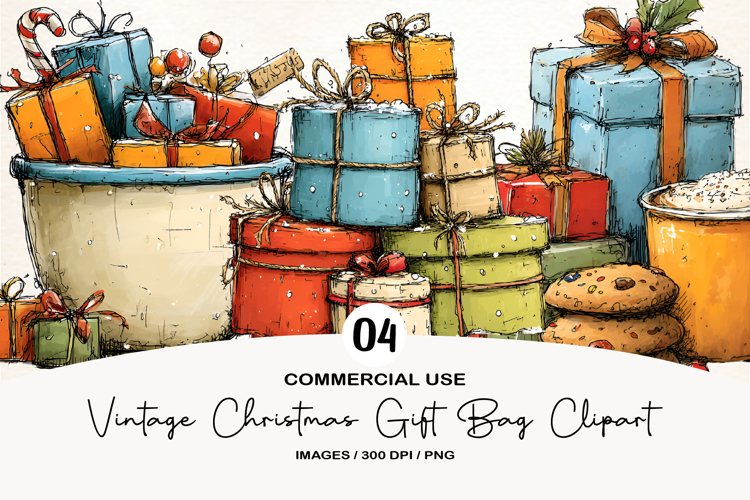 Vintage Christmas Gift Bag Clipart