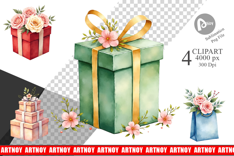 Clipart Vintage Christmas Gifts Watercolor