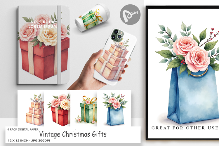 Digital Paper Vintage Christmas Gifts Watercolor