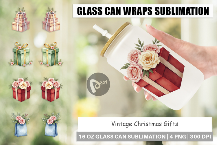 Glass Can Vintage Christmas Gifts Watercolor