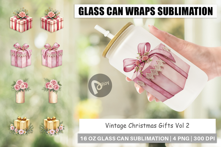 Glass Can Vintage Christmas Gifts Watercolor