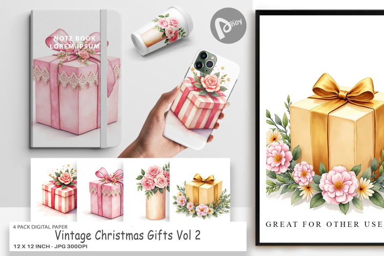 Digital Paper Vintage Christmas Gifts Watercolor