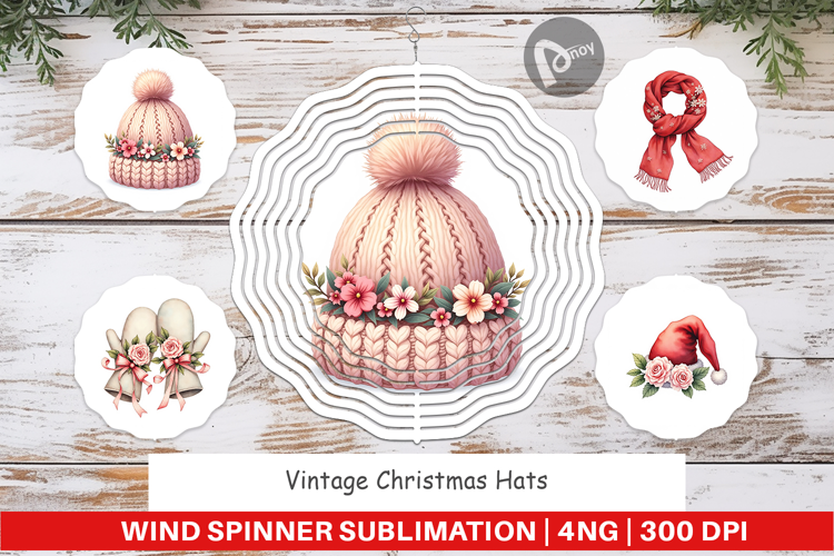 Wind Spinner Vintage Christmas Hats Watercolor
