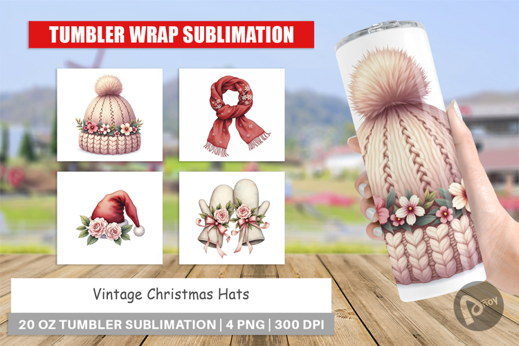 Tumbler Vintage Christmas Hats Watercolor