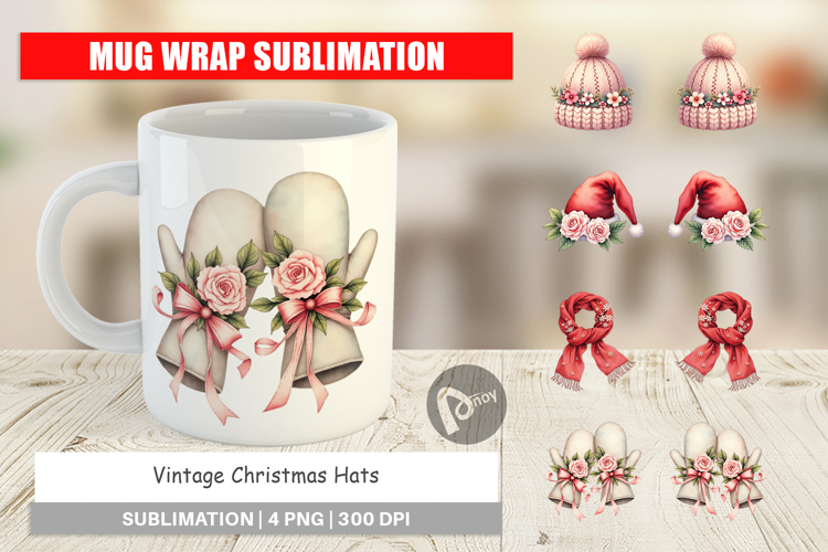 Mug Wrap Vintage Christmas Hats Watercolor