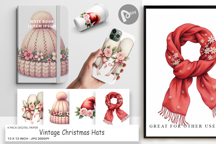 Digital Paper Vintage Christmas Hats Watercolor
