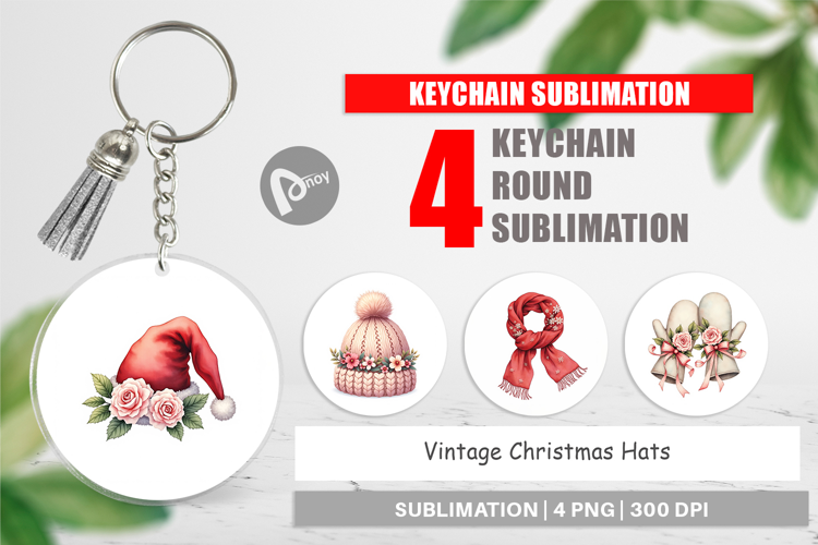 Keychain Vintage Christmas Hats Watercolor