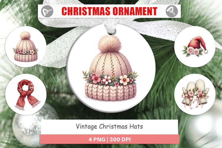 Ornament Vintage Christmas Hats Watercolor
