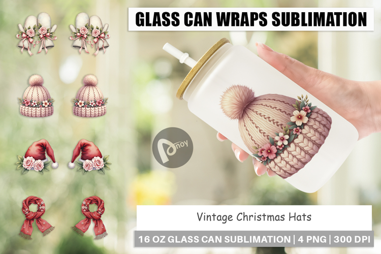 Glass Can Vintage Christmas Hats Watercolor