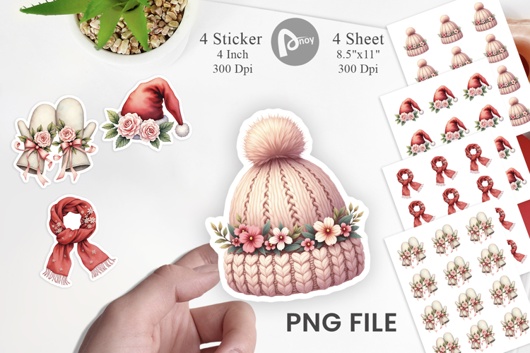 Sticker Vintage Christmas Hats Watercolor