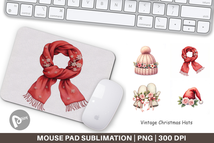 Mouse Pad Vintage Christmas Hats Watercolor