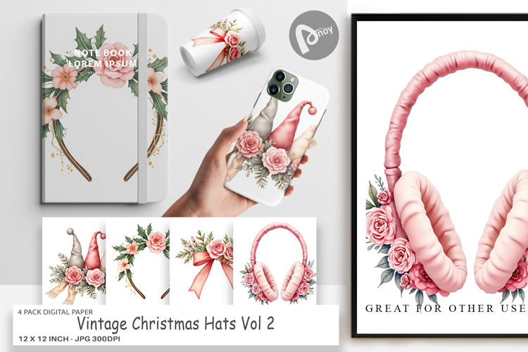 Digital Paper Vintage Christmas Hats Watercolor