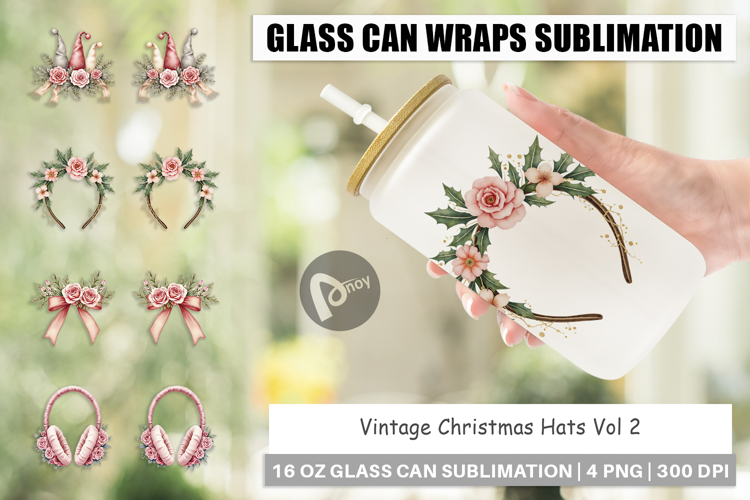 Glass Can Vintage Christmas Hats Watercolor
