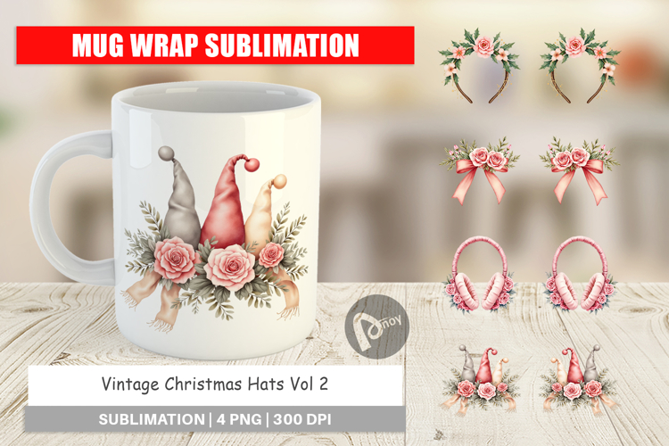 Mug Wrap Vintage Christmas Hats Watercolor