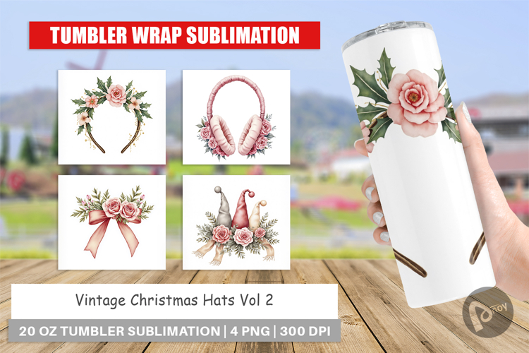 Tumbler Vintage Christmas Hats Watercolor