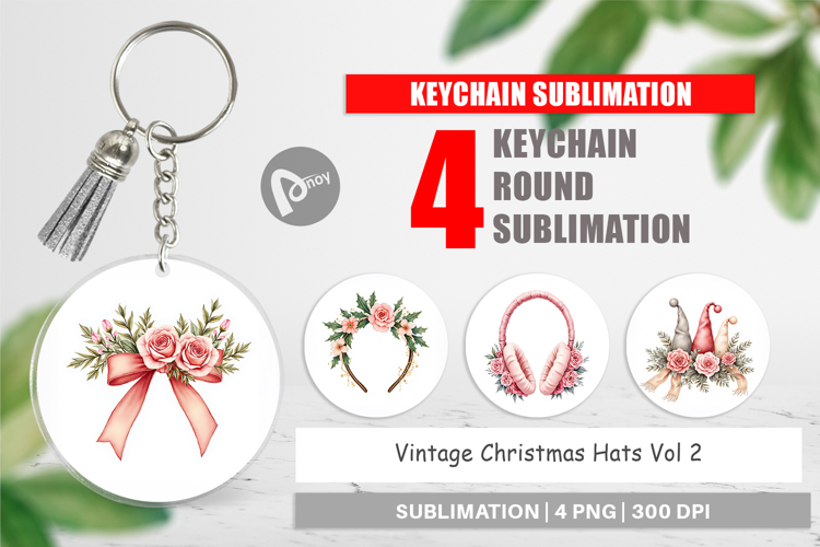 Keychain Vintage Christmas Hats Watercolor