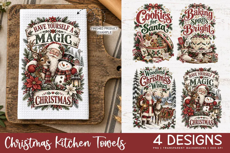 Vintage Christmas Kitchen Towel PNG | Farmhouse Sublimation