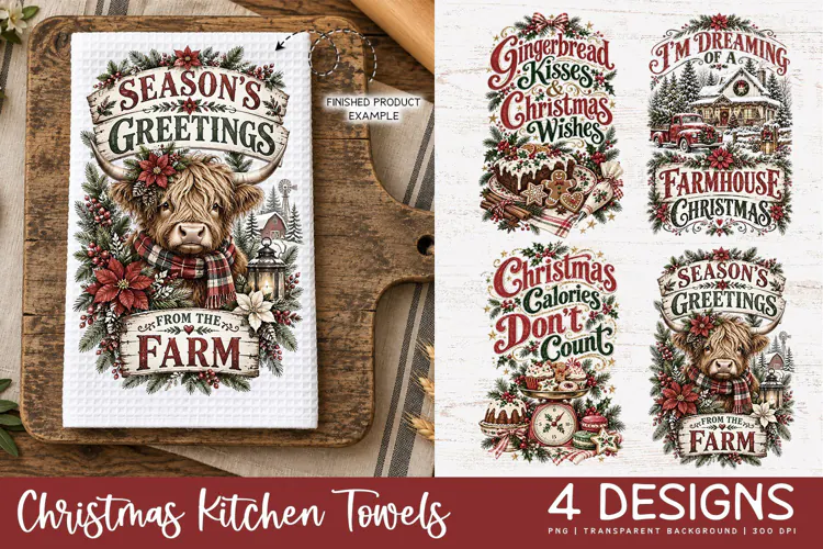 Vintage Christmas Kitchen Towel PNG | Farmhouse Sublimation