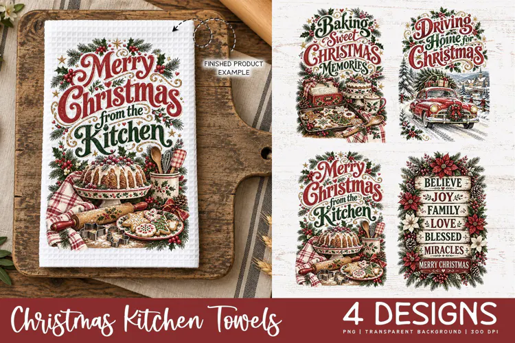 Vintage Christmas Kitchen Towel PNG | Farmhouse Sublimation