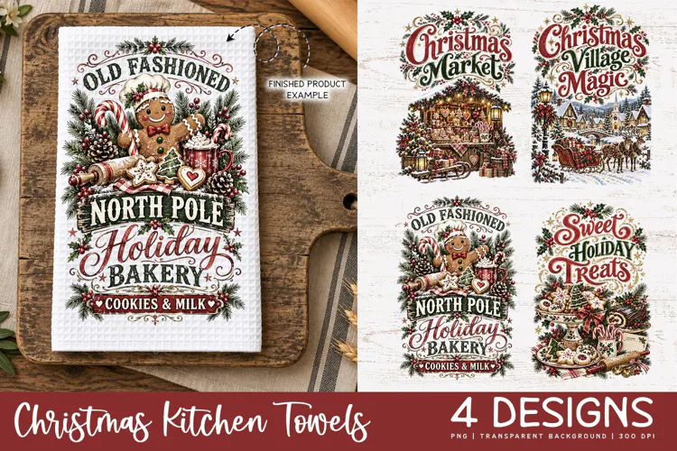 Vintage Christmas Kitchen Towel PNG | Farmhouse Sublimation