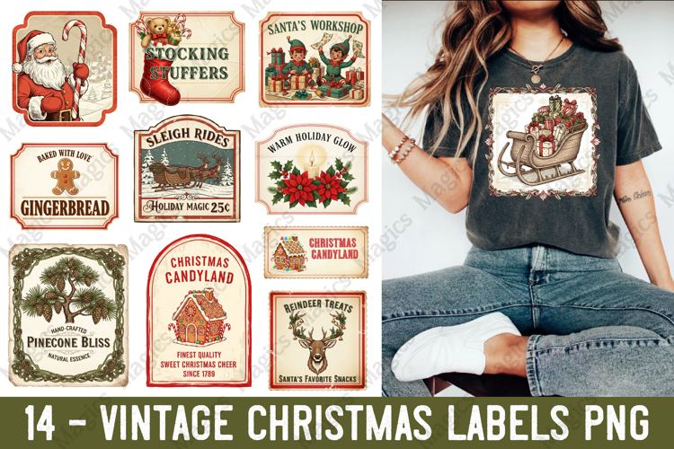 Vintage Christmas Labels PNG Bundle