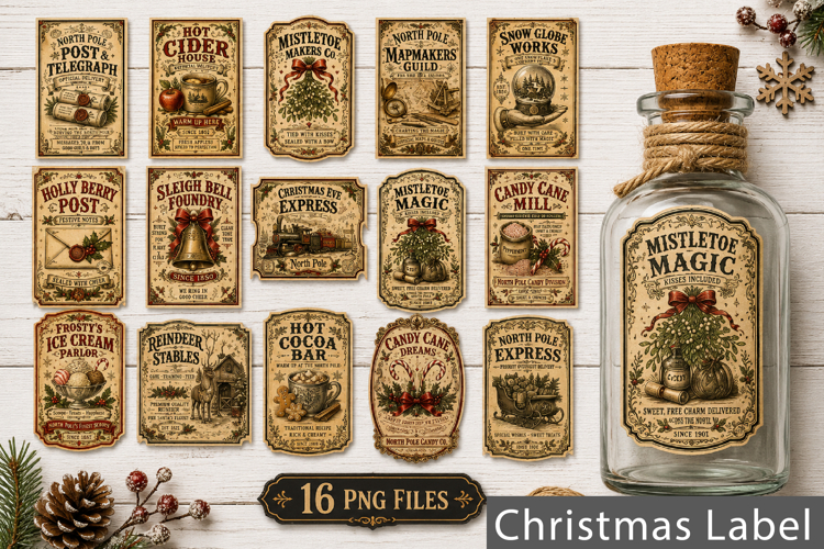 Vintage Christmas Labels PNG, Vintage North Pole Potion