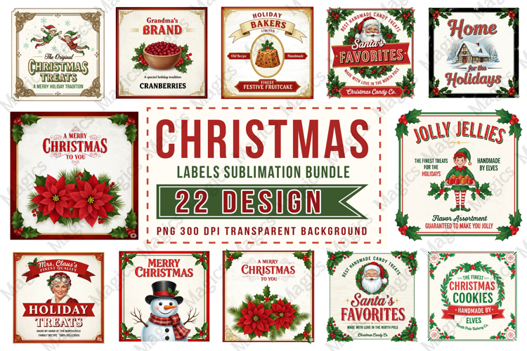 Vintage Christmas Labels Sublimation Bundle, Labels Design