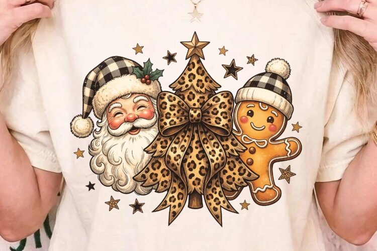 Vintage Christmas Leopard Tree Santa Gingerbread Clipart