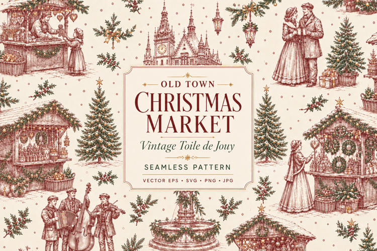 Vintage Christmas Market Toile Pattern