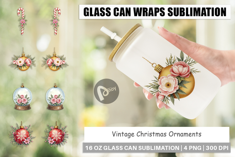 Glass Can Vintage Christmas Ornaments Watercolor