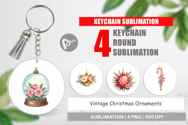 Keychain Vintage Christmas Ornaments Watercolor