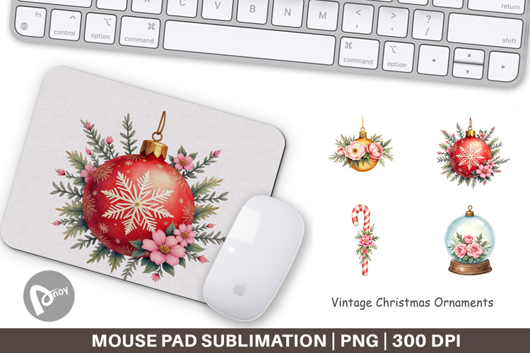 Mouse Pad Vintage Christmas Ornaments Watercolor
