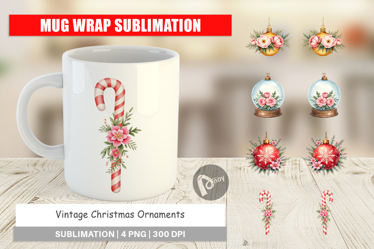 Mug Wrap Vintage Christmas Ornaments Watercolor