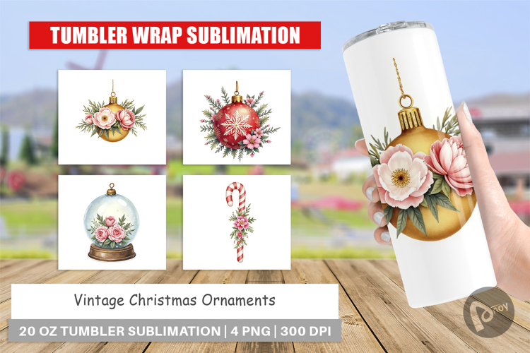 Tumbler Vintage Christmas Ornaments Watercolor